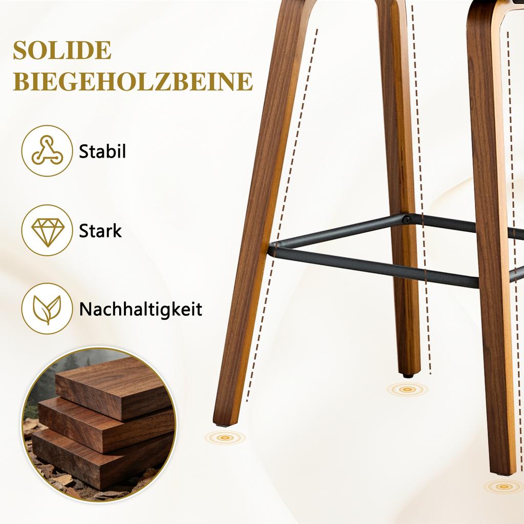 Set of 2 bar stools with armrest, teddy fabric/PU leather, wooden legs, metal footrest, modern Scandinavian