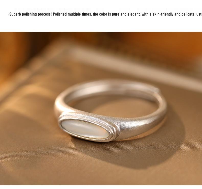 Frosted S925 Silver Ring with Black Agate & White Mother-of-Pearl - European, American, Japanese & Korean Style