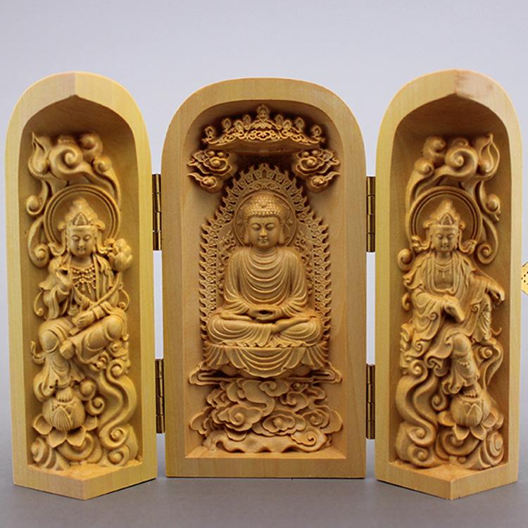 Boxwood Buddha Carving: Three-Panel Wooden Handicraft Ornament - Western Three Saints Decor