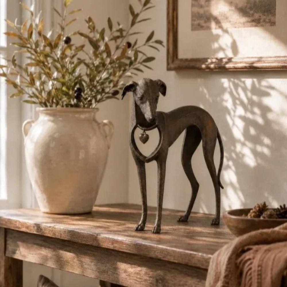 Resin Heart Cutout Sighthound Statue Rustic Heritage Heart Dog Cat Figurine Bedroom