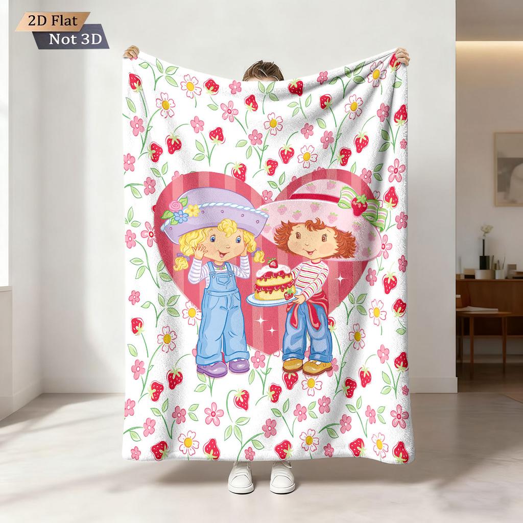 1pc Cartoon Pink Strawberry Girl Printed Flannel Blanket In Multiple Sizes Soft And Comfortable Casual Blanket, Machine Washable