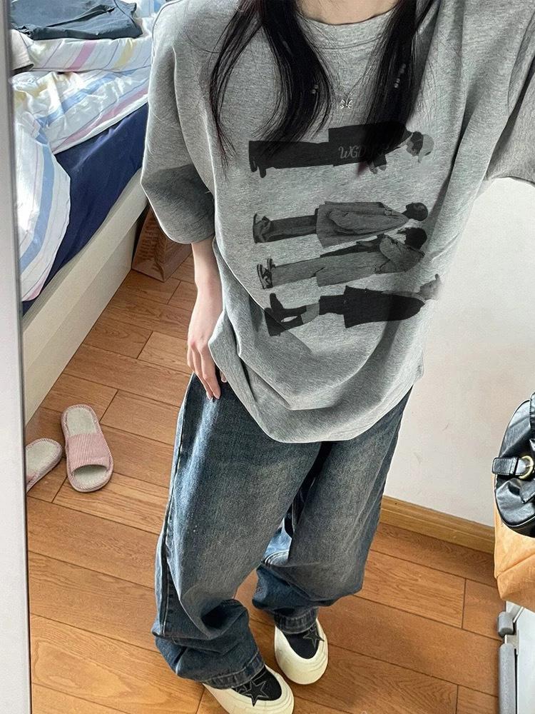Gray large size T-shirt female waste firewood American retro portrait printing heavy cotton short sleeves spring and summer new models