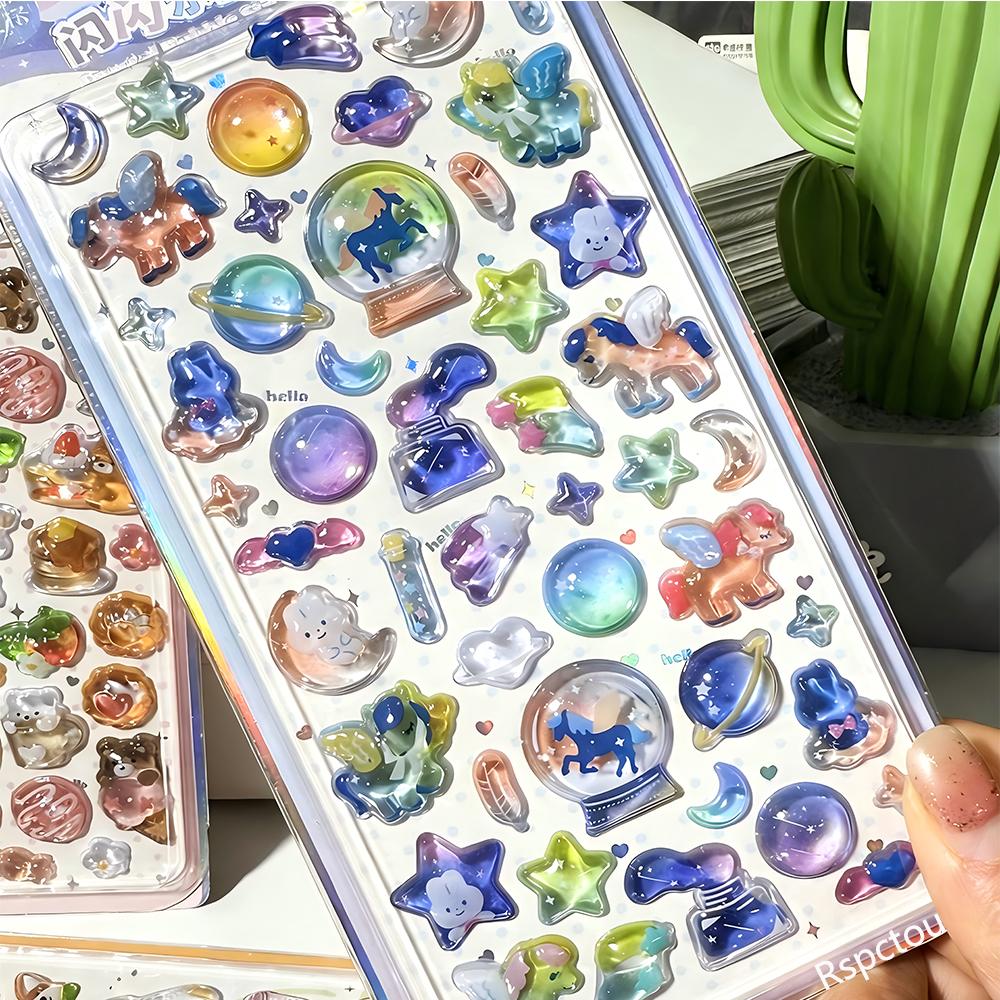 4Pcs Cute Creative Cartoon Bear Rabbit 3D Relief Stickers Marine Animals Jelly Crystal Sticker Luggage Guitar Diy Kawaii Decals