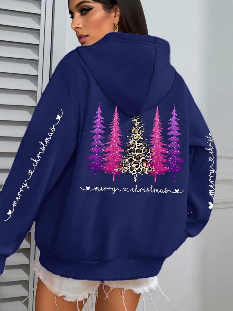Women's Festive Leopard Print Tree Hoodie with Pockets