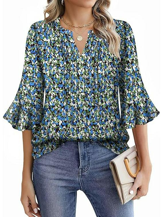 Шифоновая блузка Lotus Leaf 2025 с V-образным вырезом - Однотонная, с рукавами три четверти, Повседневная, свободного кроя