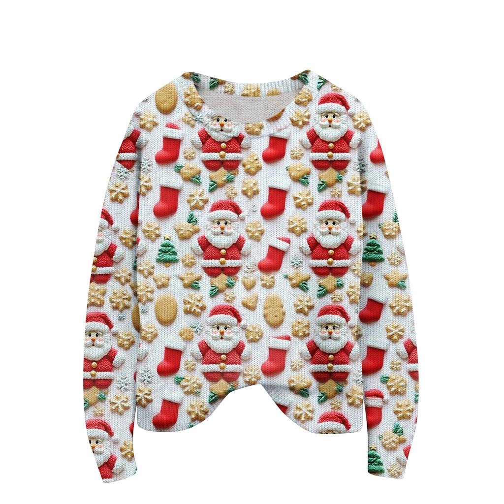 Women's Christmas Print Cardigan Long Sleeve Round Neck Knit Top