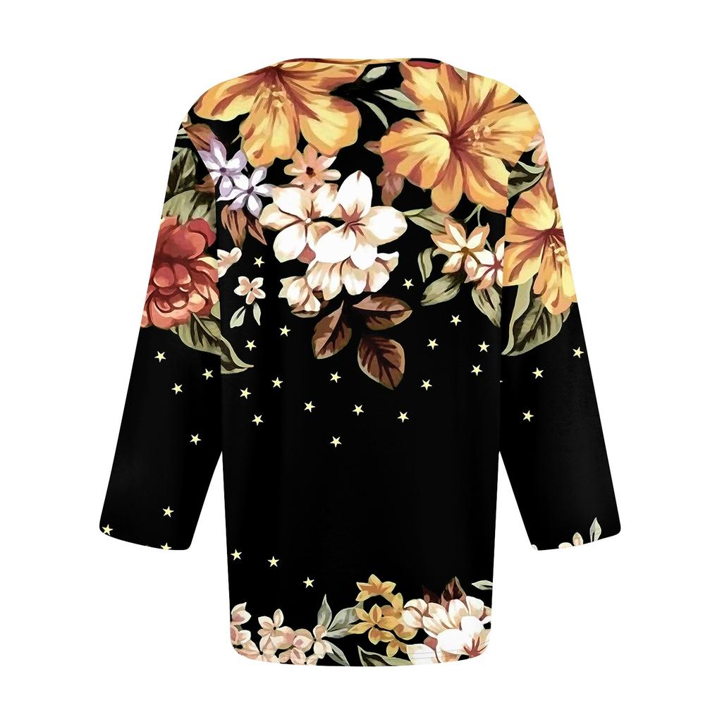 Shirts For Women Trendy V Neck Button T Shirts Casual Printed Summer Tees T Shirt Blouse Three Quarter Sleeve Tops For Women