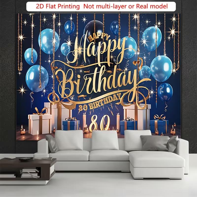 2D Blue Gold 80th Birthday Banner, Elegant Adult 80th Birthday Photography Backdrop