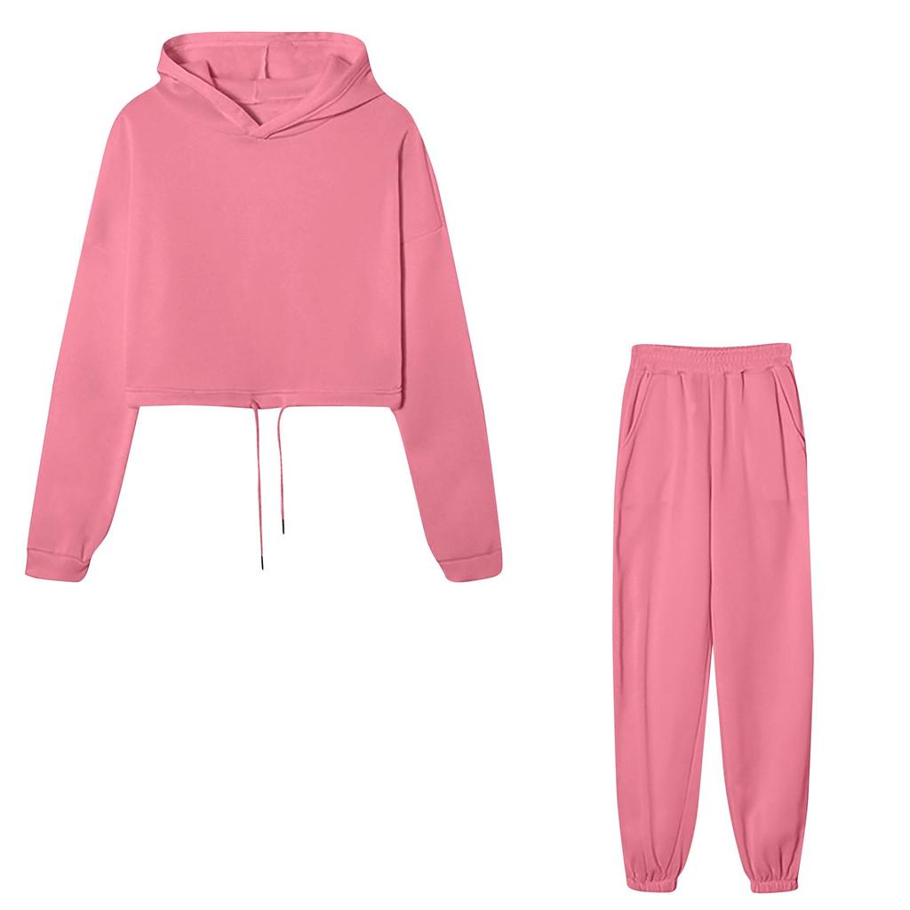 Женский спортивный модный однотонный повседневный комплект из двух предметов с капюшоном