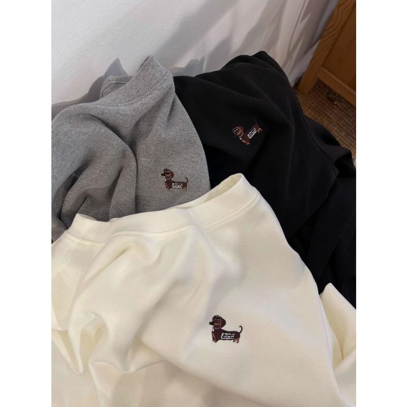Dog Embroidered Round Neck Long-sleeved T-shirt for Women Autumn and Winter German Velvet Bottoming Shirt with Top