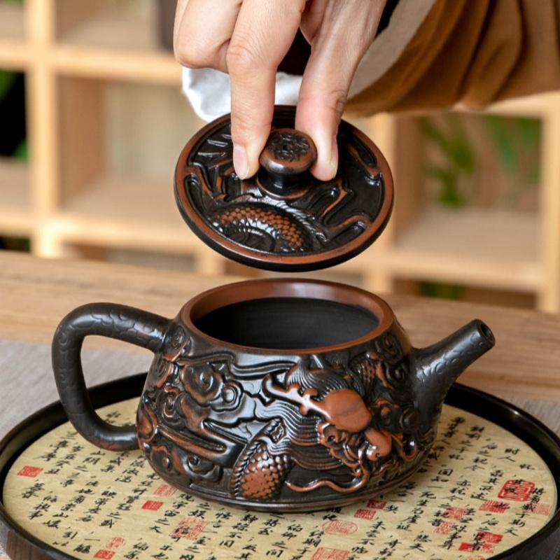Фиолетовый керамический старинный чайник, керамический резной чайник кунг-фу, одинарный чайник, устройство для заваривания чая пуэр, чайные наборы, китайский чайник