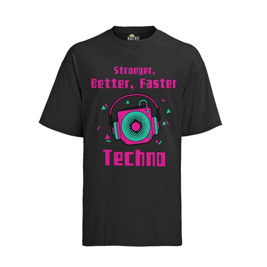Stronger Better faster Techno Musik Party Sommer Baumwolle Bio Herren T-Shirt Mens Womens Tees Top