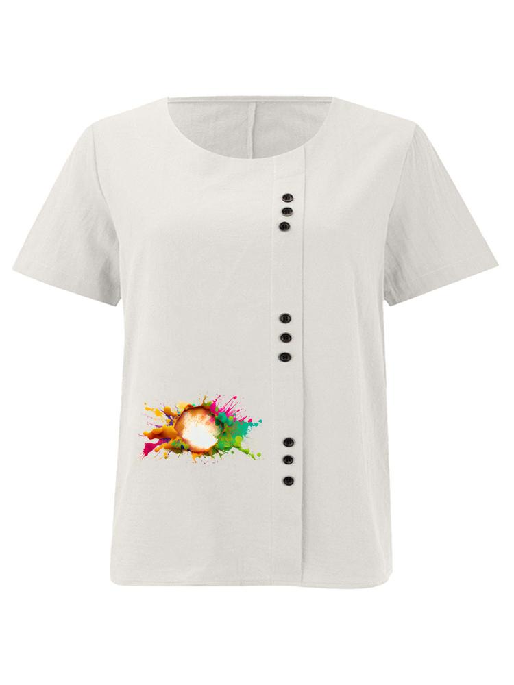 Women's Fashion Colorful Print Casual Cotton Linen Short Sleeve Round Neck T-shirt Shirt Leisure Loose Summer Blouse Tops
