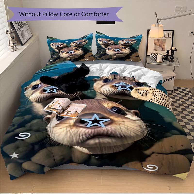 3 шт. Аниме Выдра Селфи Постельное белье - Включает Один Пододеяльник и Два Наволочки (Нет ядра) - Полиэфирная ткань, идеально подходит для спальни и гостевой