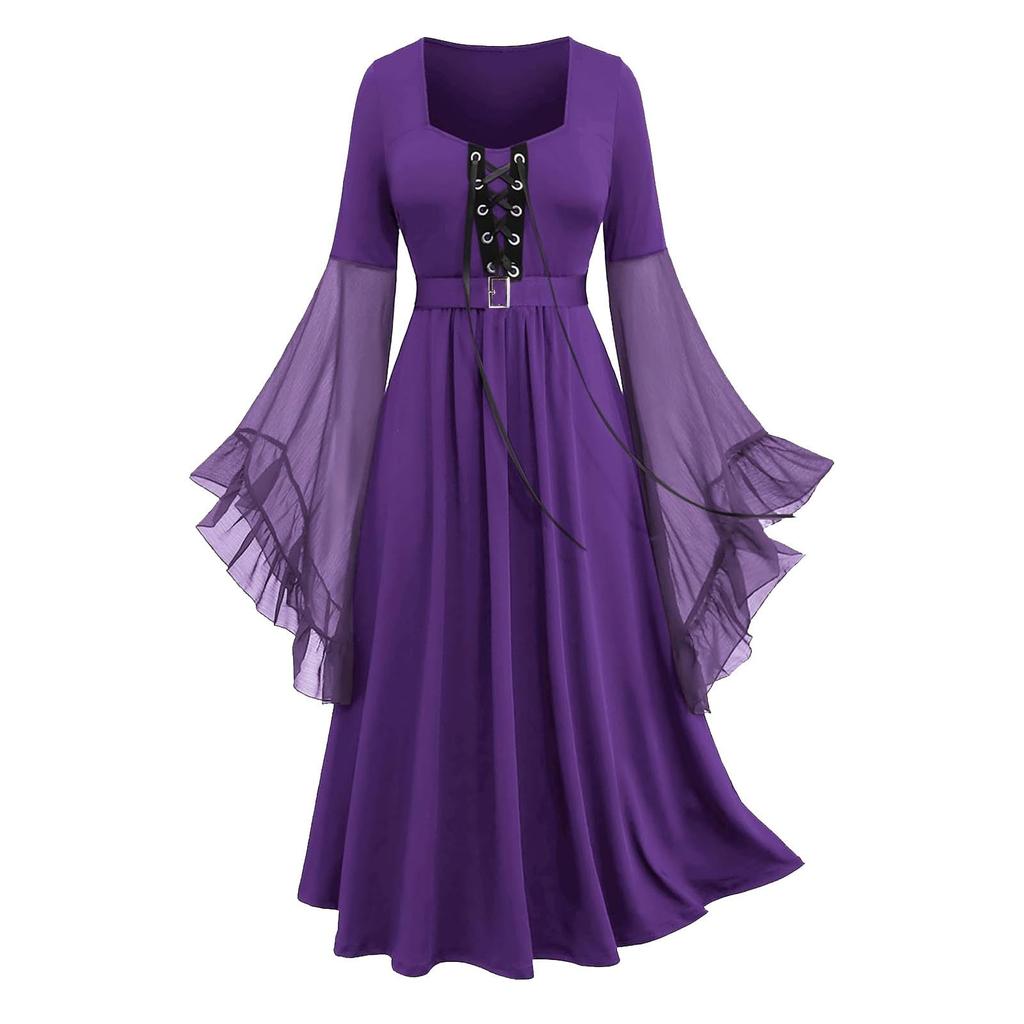 Women’s Cool Solid Gothic Lace Insert Butterfly Sleeve Dress