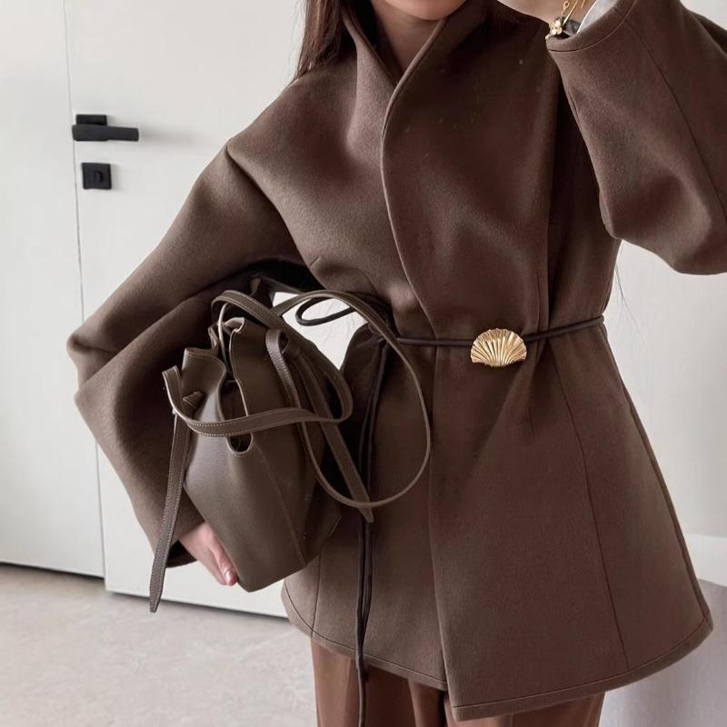 Women Brown Waisted V Neck Long Sleeve Casual Woolen Coat