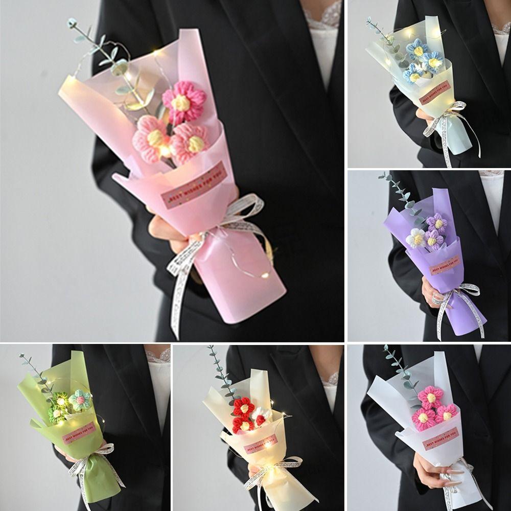 LED Lights Crochet Flowers Bouquet Knitted Artificial Daisy Bouquet Valentine'S Day