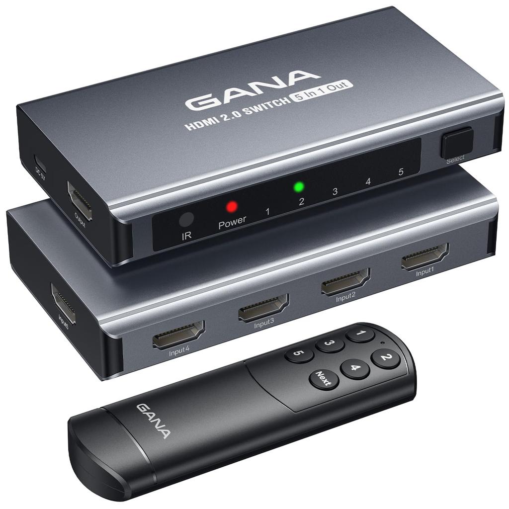 HDMI-коммутатор, 5 входов, 1 выход, 4K@60Hz, HDMI-селектор GANA с пультом дистанционного управления, корпус из алюминиевого сплава, поддержка 3D HDCP2.2 HDR, совместимость с HDR.