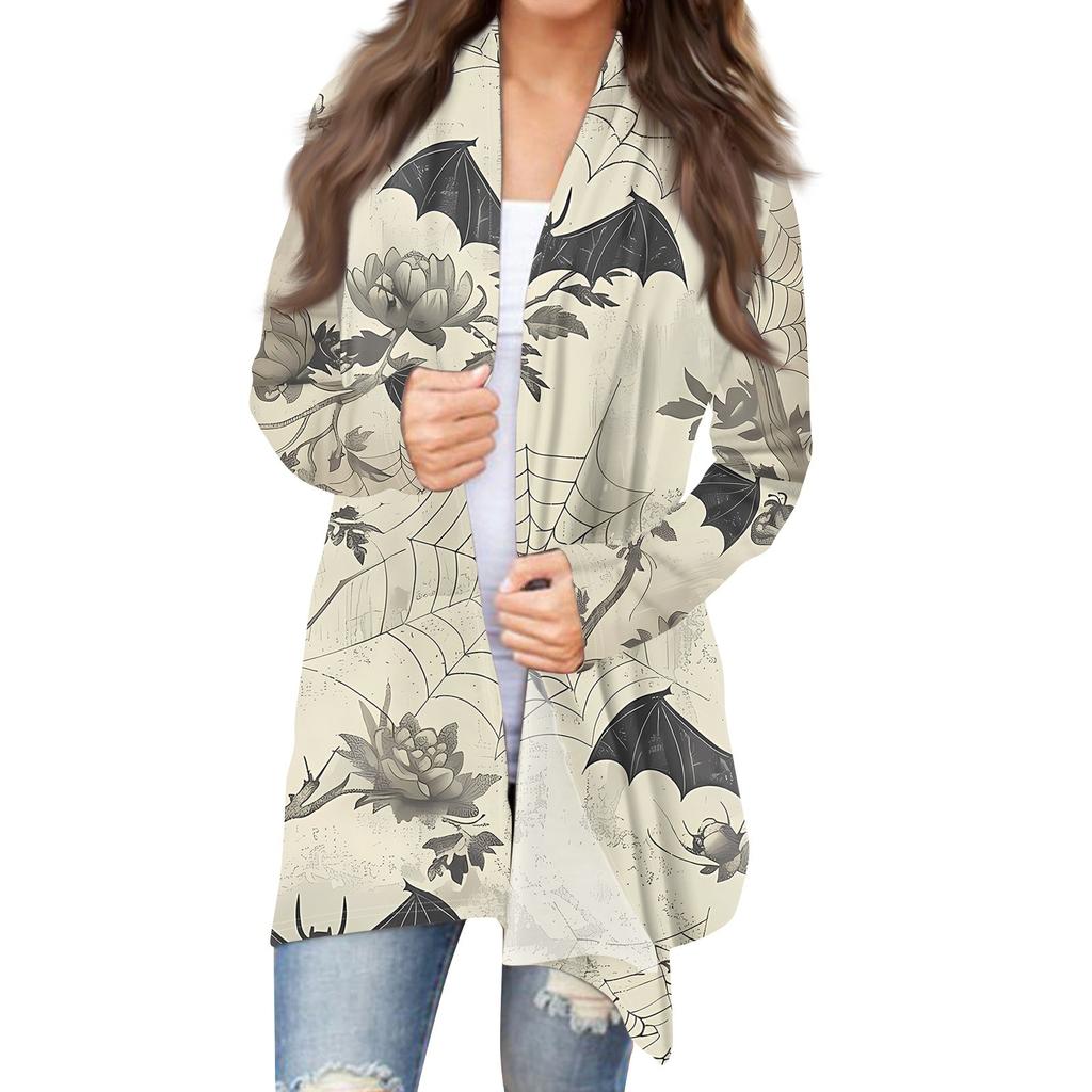 Женский кардиган с длинным рукавом спереди и принтом на Хэллоуин, легкая куртка