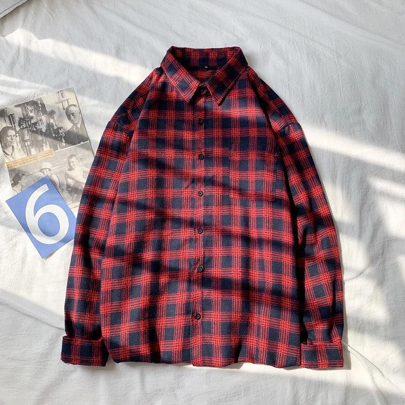 Осенняя синяя клетчатая рубашка Мужская рубашка с длинным рукавом Куртка в корейском стиле Свободная и красивая в гонконгском стиле Защита от солнца Парная одежда Мужская