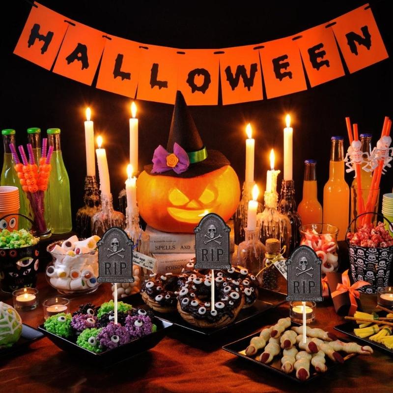 Набор из 48 топперов для торта «Кладбищенские надгробия», включая мини-лопатки-ложки, для декора Хэллоуина, дня рождения