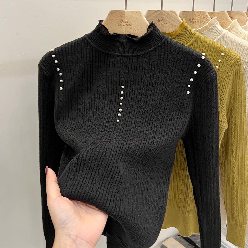 Женская базовая водолазка с полувысоким горлом, осенне-зимняя, внутренняя, с уникальным шикарным топом-свитером с жемчужинами, вязаный свитер с длинным рукавом