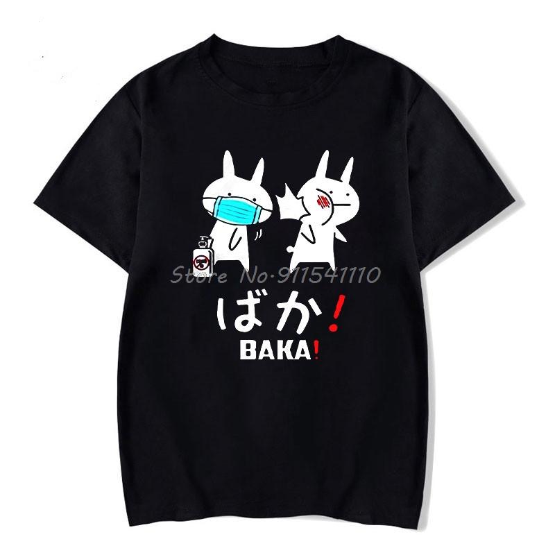 Футболка Baka Rabbit, летняя женская черная футболка, уличная одежда Harajuku, мужская одежда, хлопковая футболка в стиле аниме, футболки для пар, мужские