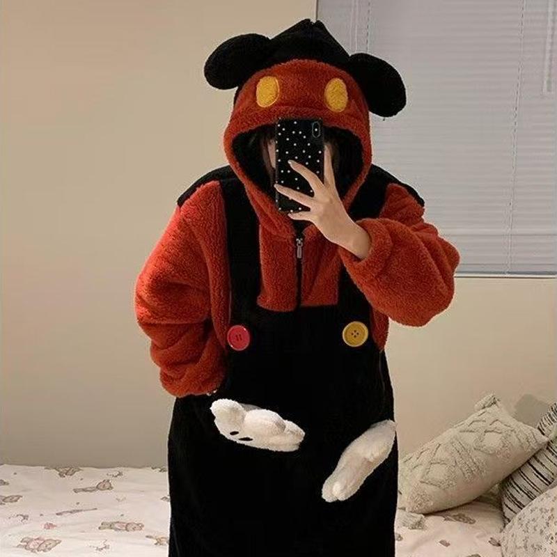 Женская зимняя мультяшная флисовая пижама-комбинезон с капюшоном на молнии - Милый халат 2025