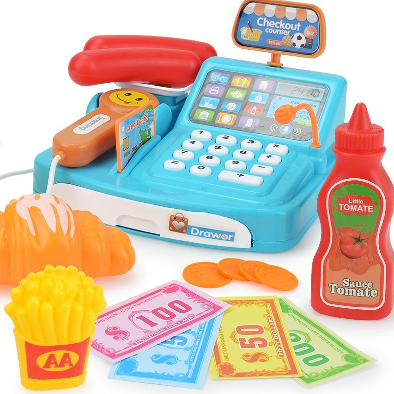 Children'S Play House Supermarket Cash Register Set, Simulated Vegetable And Fruit Model, Lighting And Sound Effects Checkout Page