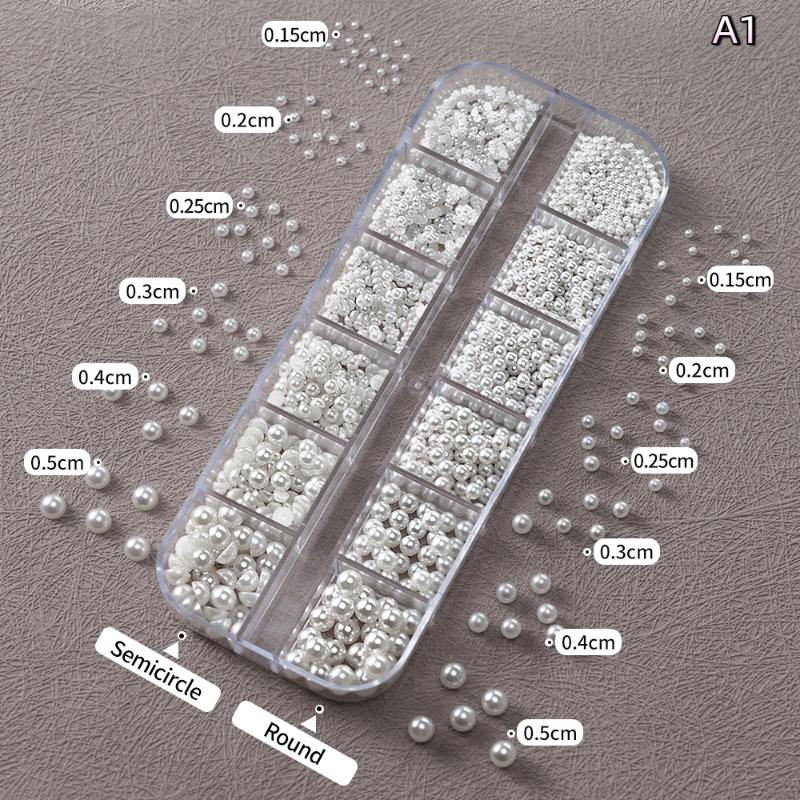 6/12 Grids/Box Colorful Round Pearls Nail Beads Charms Caviar Jewels Half Round Pearl Gems for DIY Nail Art Decoration