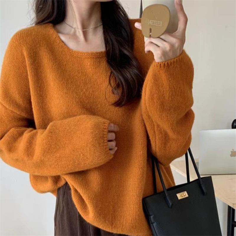 Lazy Wind Knitted Sweater Women's Autumn and Winter New Loose Pullover Gentle Temperament Solid Color Versatile Top