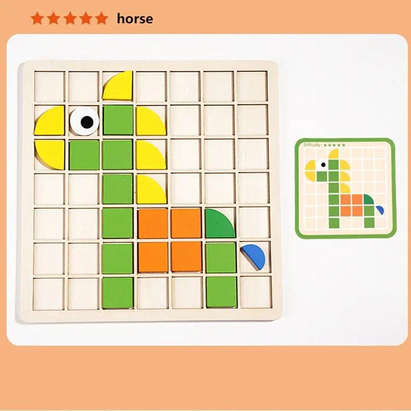 Wooden Mosaic Puzzles Geometric Shapes Building Blocks Pattern with Design Cards Kindergarten Classic Educational Shape Puzzle
