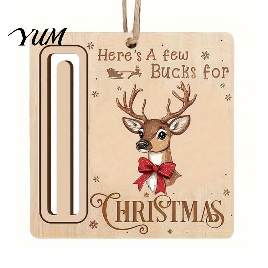 Elk Pattern Xmas Tree Pendants Rustic Santa Reindeer Money Holder Ornament, Wooden Cash Gift Card Creative Ornaments Clip with Slot, Christmas Hanging