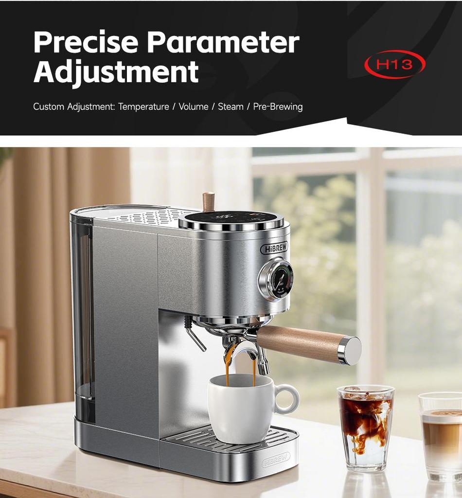 HiBREW H13 Semi-automatic Coffee Machine, Dual Boiler System with 20-Bar Pump Pressure, Multi-function Brewing Modes, Adjustable Drip Tray