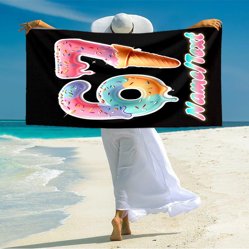 1PC Custom Name Ice Cream Celebration Beach Towel Highly Absorbent And Sand-Resistant Towel for Swimming, Pool, Yoga, And Travel Lightweight