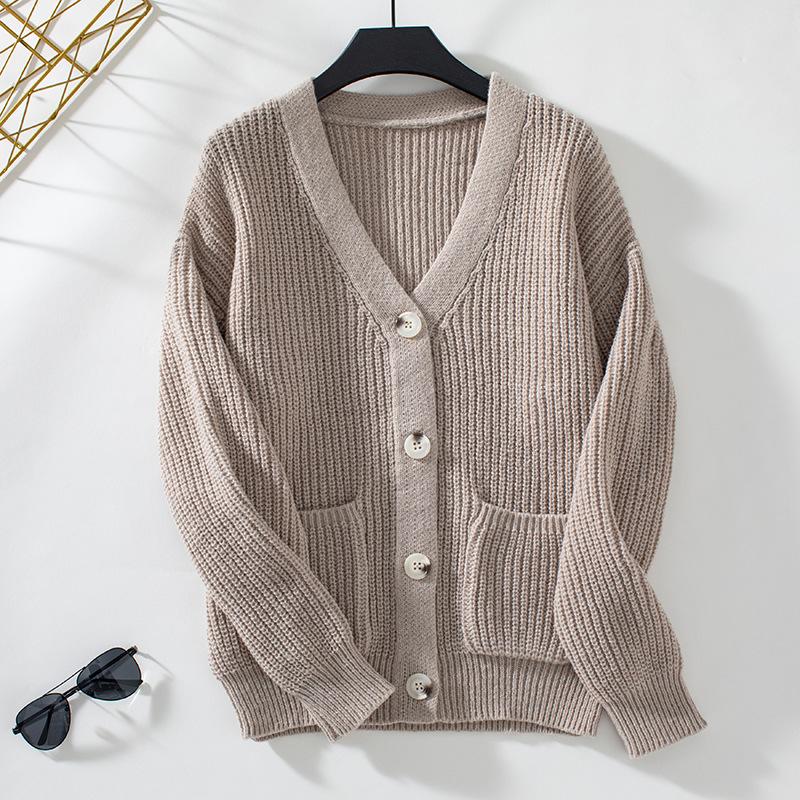 Autumn and Winter Women's Knitwear Loose Casual Solid Colour V-neck Single-breasted Knitted Sweater