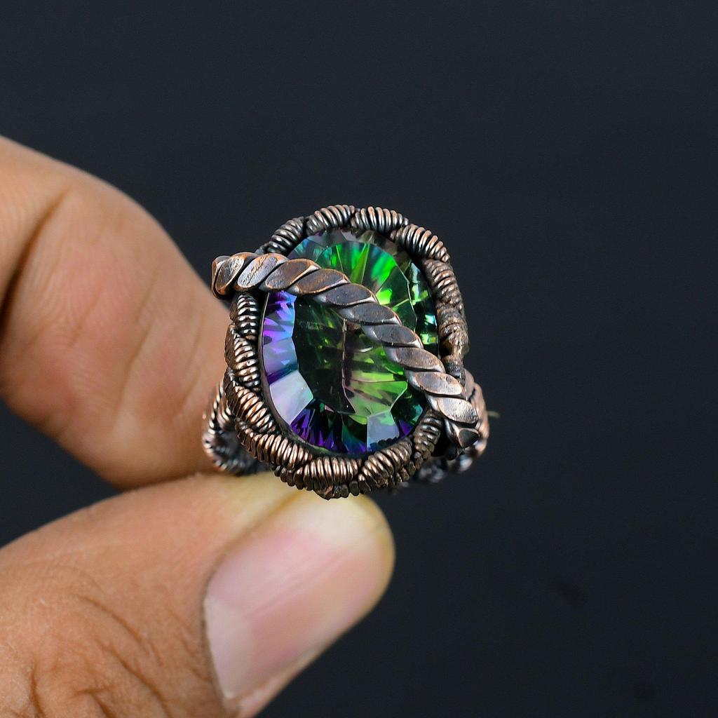 Mystic Topaz Gemstone Copper Wire Wrapped Handmade Jewelry Ring For Gift