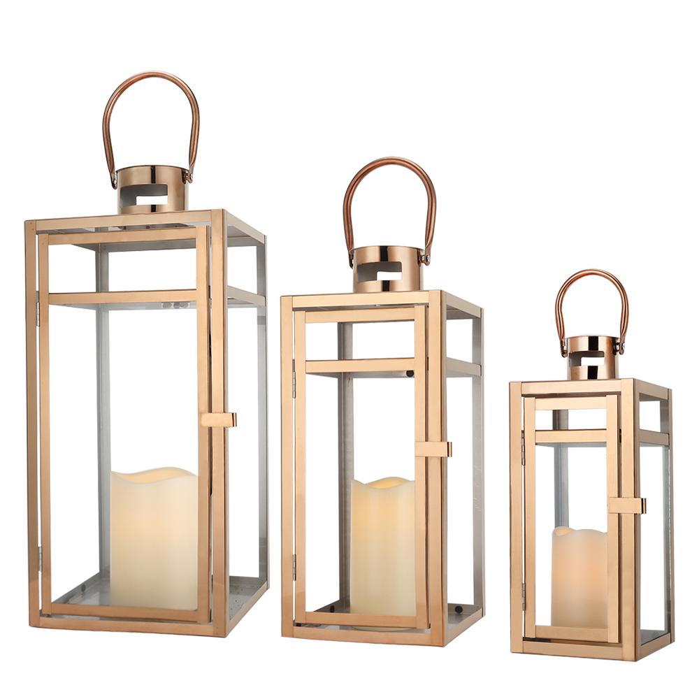 Set of 3 Rose Gold Metal Iron Glass Candle Holders Metal Wind Proof Candle Lanterns for Wedding Decor