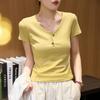 Design-sensory V-neck Short-sleeved T-shirt for Women's Summer New Retro Button Shoulder Top