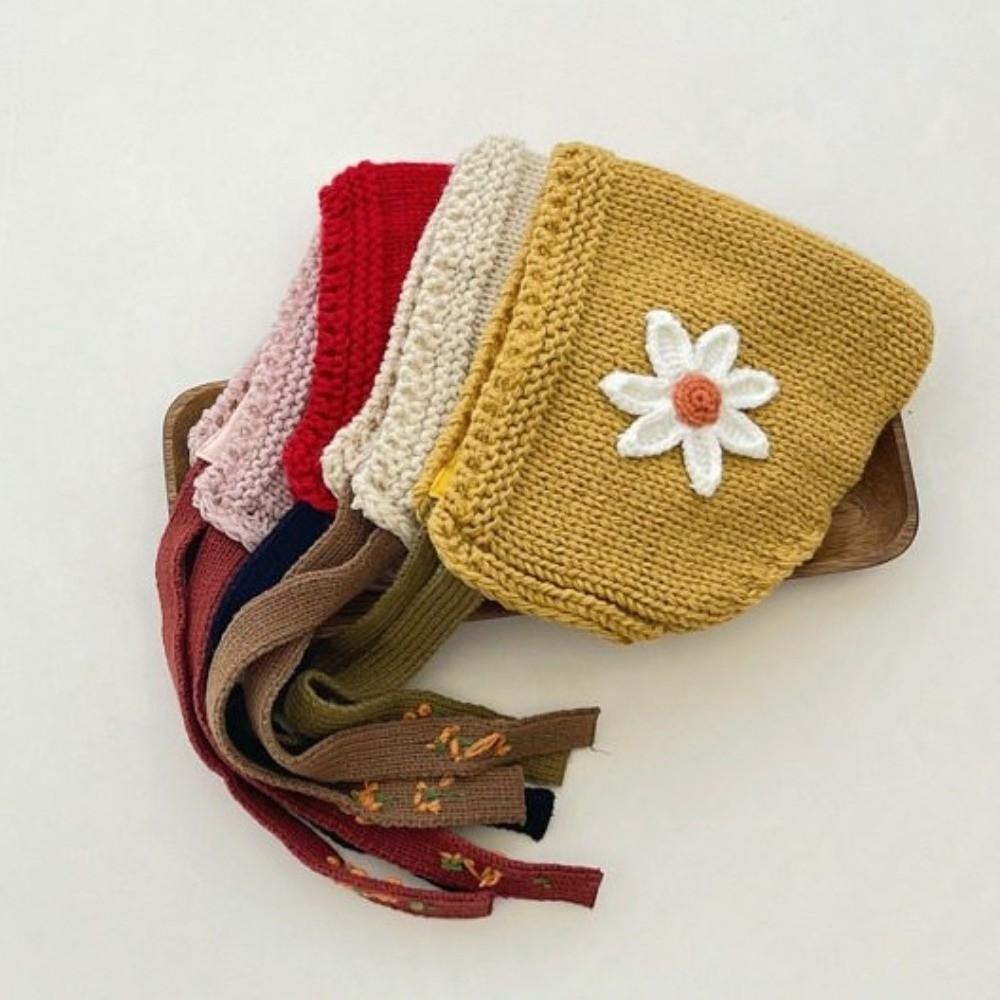 Warm Baby Knit Beanie Solid Color Winter Pullover Bonnet Cute Flower Lacing Hat Outdoor