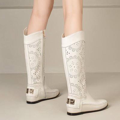 Krazing Pot Кожа спилка коровы Круглый носок Размер 43 Летние сапоги Модные рыцарские сапоги Полые украшения Осенние сапоги Ботфорты