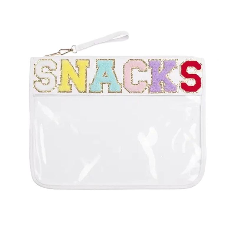 Transparent PVC Zipper Snack Bag with Embroidered Letters - Portable PU Waterproof Makeup and Toiletry Handbag