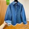 Premium retro blue denim shirt women's 1116 early spring new loose casual lace splicing stacked top