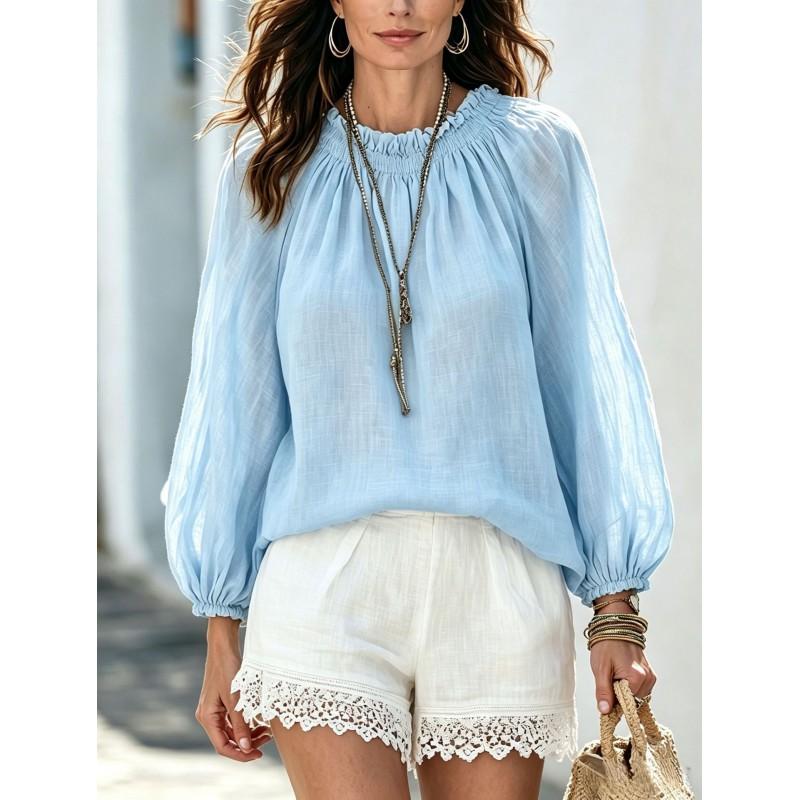 Womens Loose Lantern Sleeve Solid Color Blouse 2026 Casual Style Oversized Shirt