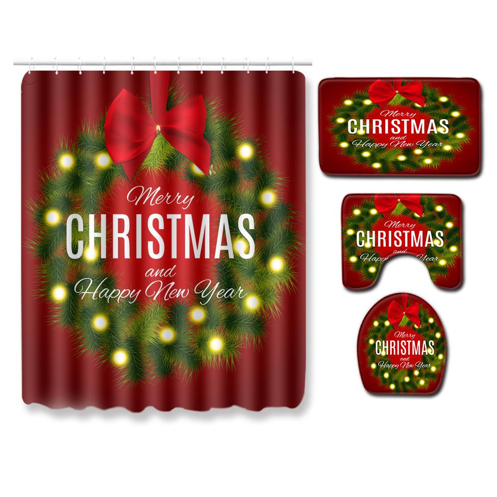 Christmas Waterproof Shower Curtain Four-Piece Floor Mat Combination Bathroom Water-Absorbing Non-Slip Carpet Door Mat Foot Mat