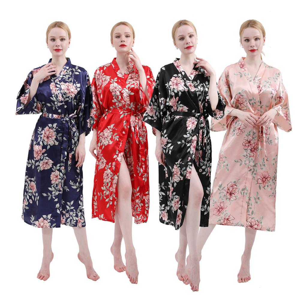 Spring and Autumn Long Imitation Silk Sexy Ladies Home Robe Fashion Temperament Elegant Cute Korean Version of The Silk Mother Morning Robe Home
