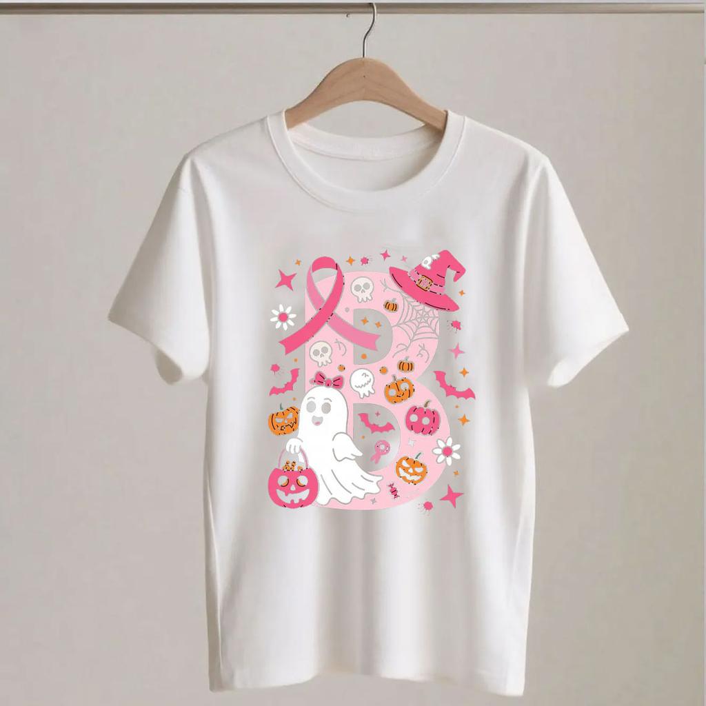 Breast Cancer Awareness Ghost Pink Ribbon Patchwork Halloween Hope Strength Faith Spooky Graphic T Shirts for WoUINISEX Harajuku