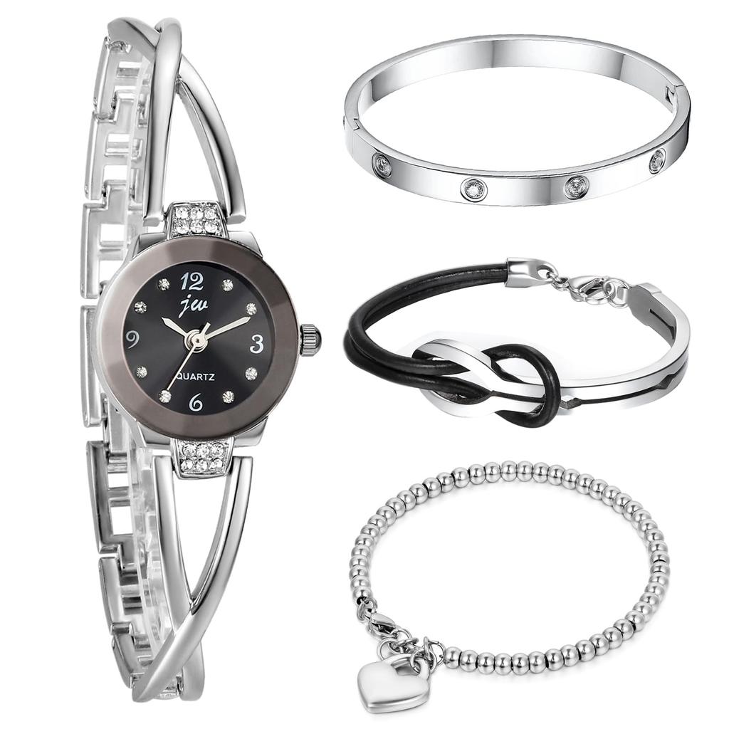 Cute Stainless Steel Bangle Silver Infinity Code Heart Bracelet Waterproof Quartz Watch Bracelet 4 Piece Set Christmas Day Gift for Mother Women's