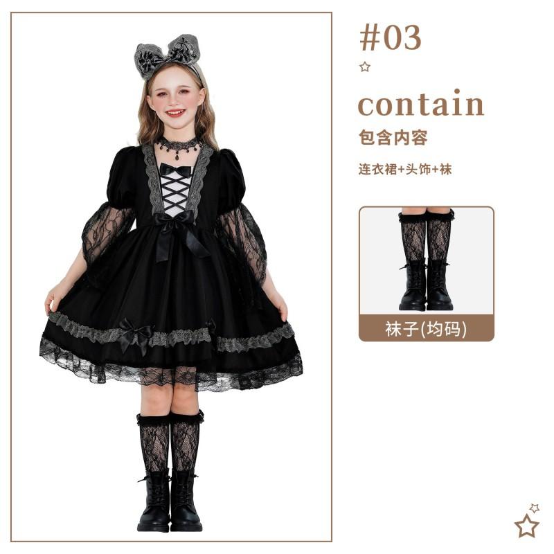 Halloween Witch Costume Girls Lace Dress With Headpiece Necklace Socks Cane Cosplay Outfit Party Performance