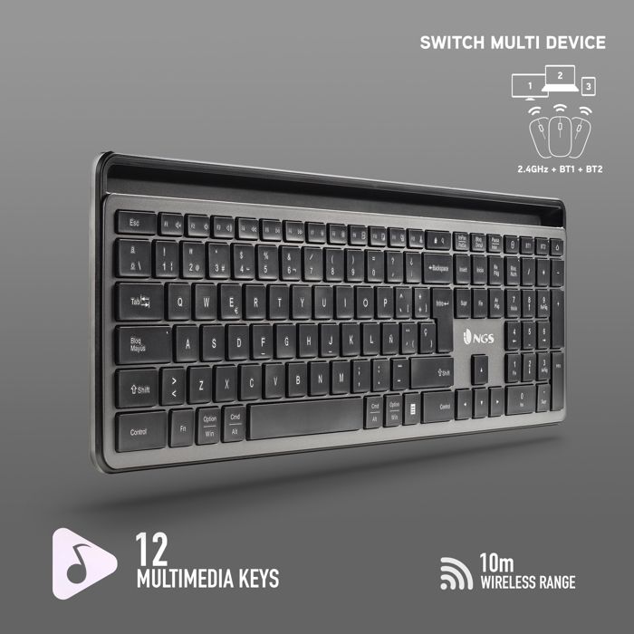 KIT NGS ECLIPSE : KIT CLAVIER ET MOUSE MULTI-MODE SILENCIEUX (2.4GHz, BT1 Et BT2) RECHARGEABLE AVEC 12 TOUCHES MULTI-MEDIA. PPP : 80